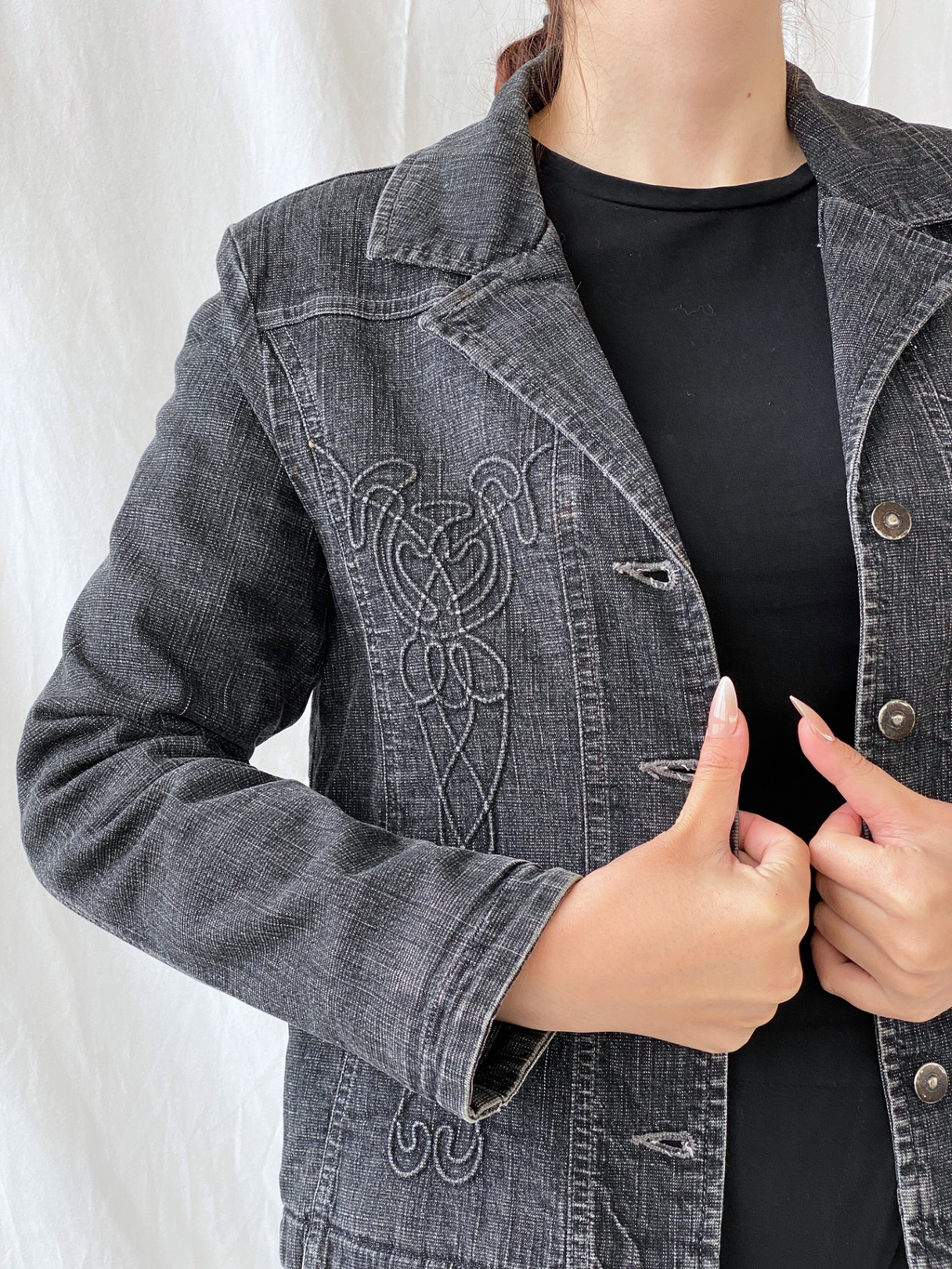 Vintage Minuet Embellished Washed Black Women’s Padded Denim Blazer - L