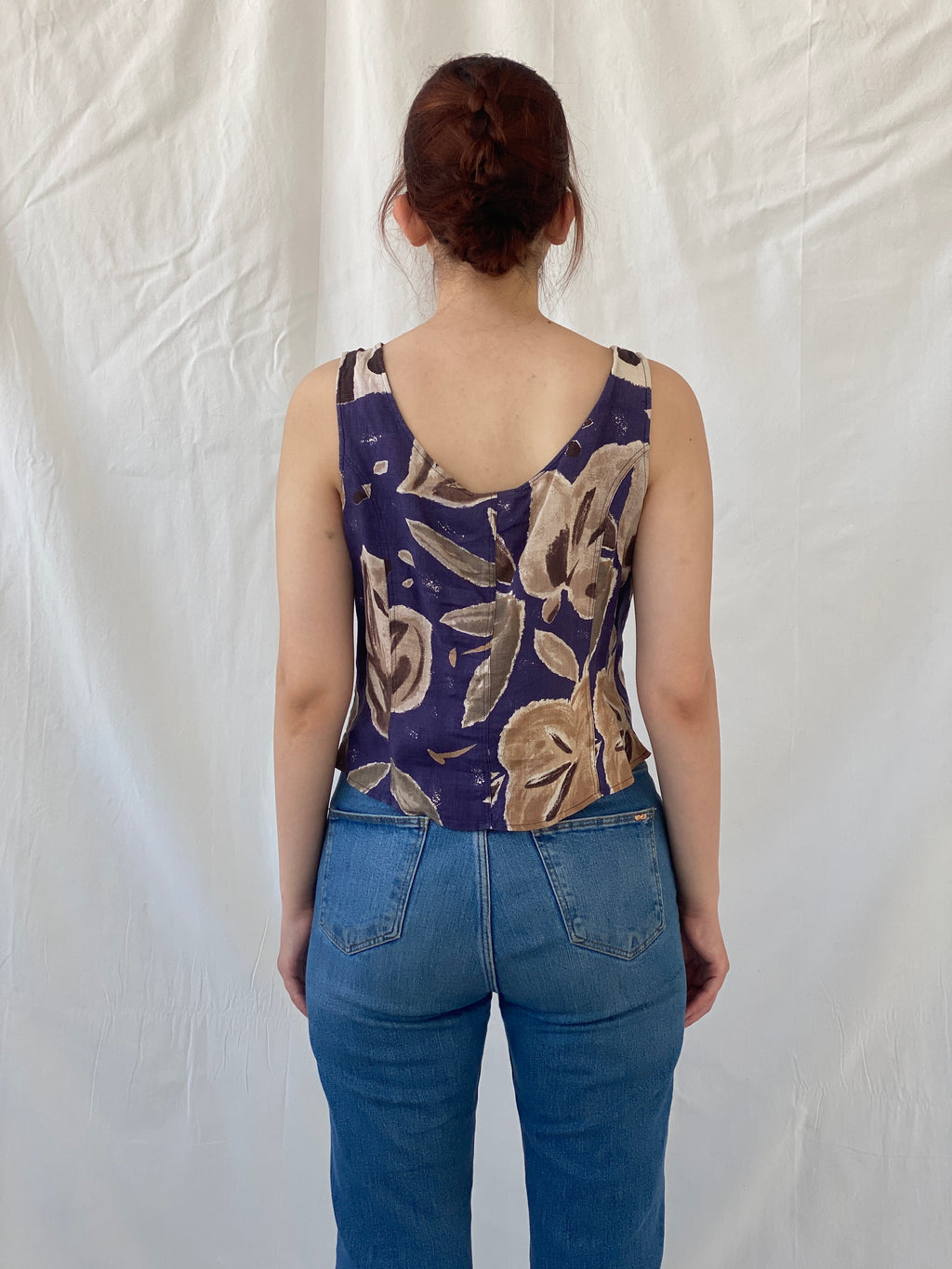Vintage COPINES Abstract Floral Navy Beige Sleeveless Shirt - M
