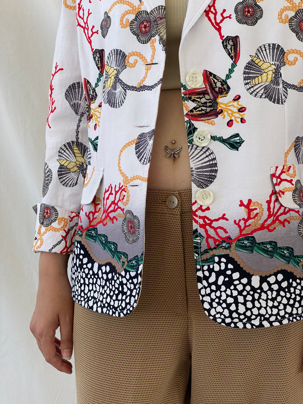 Statement SELMA Ivory Multicolor Seashell Red Coral Printed Cotton Blazer - XL