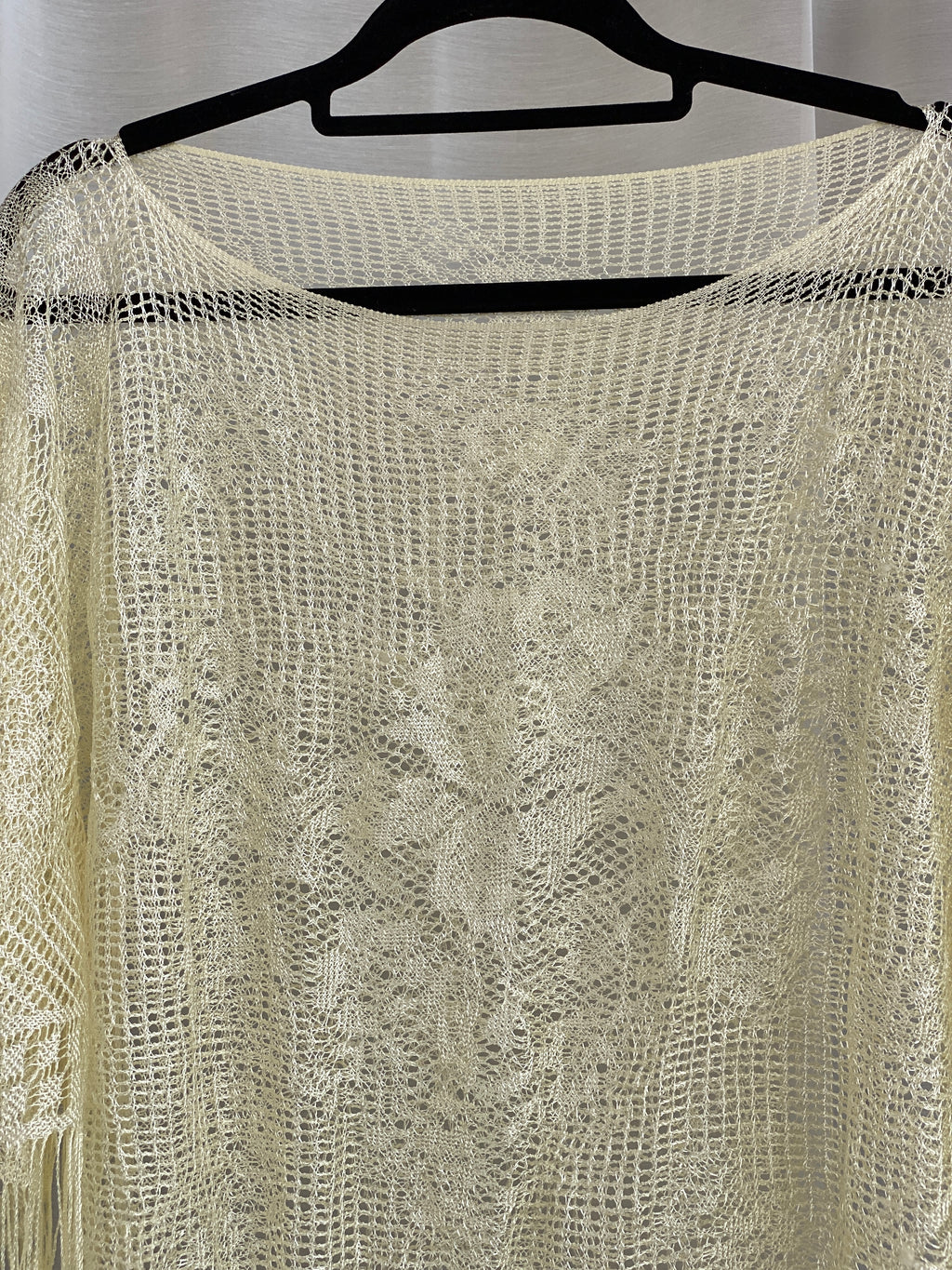 Cream Crochet Fringe Shawl – Boho Poncho Style Open Knit Wrap