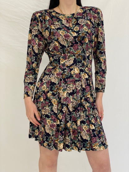 Vintage Petite Sophisticate Floral Dress Long Sleeve Fit & Flare Mini Dress, 90s Romantic Floral Dress - S