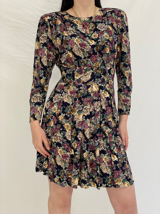 Vintage Petite Sophisticate Floral Dress Long Sleeve Fit & Flare Mini Dress, 90s Romantic Floral Dress - S