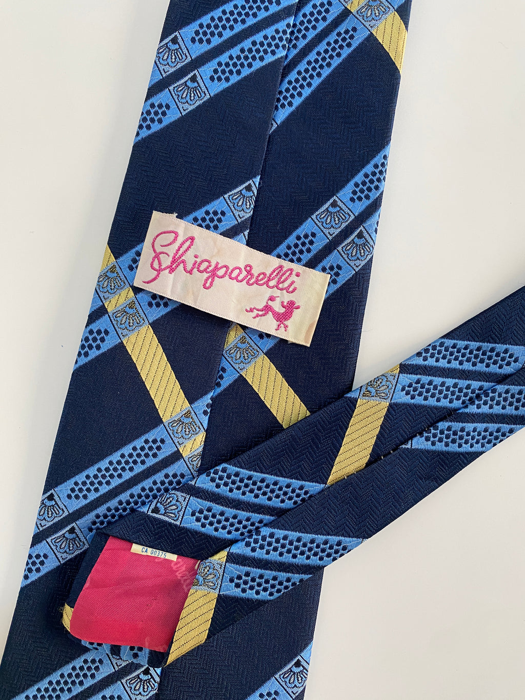 Vintage Schiaparelli Tie Navy & Yellow Geometric Stripe - Rare Designer Label