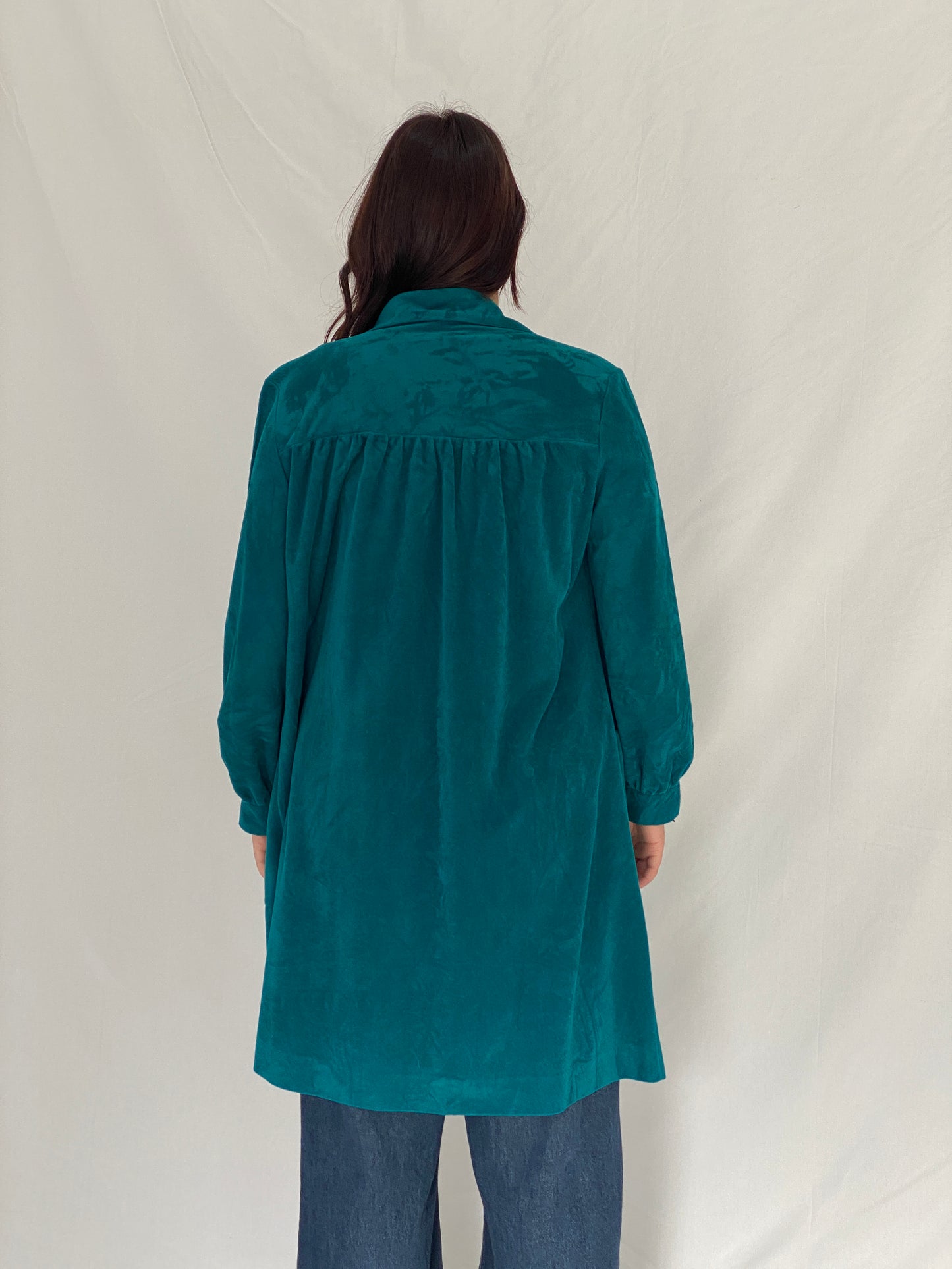 Vintage Vanity Fair Teal Velvet Kimono-Style Jacket with Gold Buttons - L