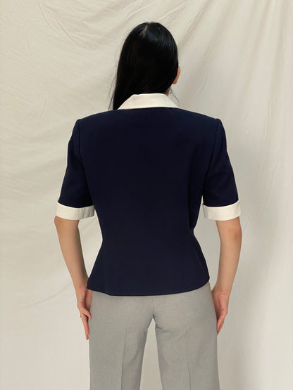 Vintage Kasper for ASL Navy White Tailored Short Sleeve Blazer - M