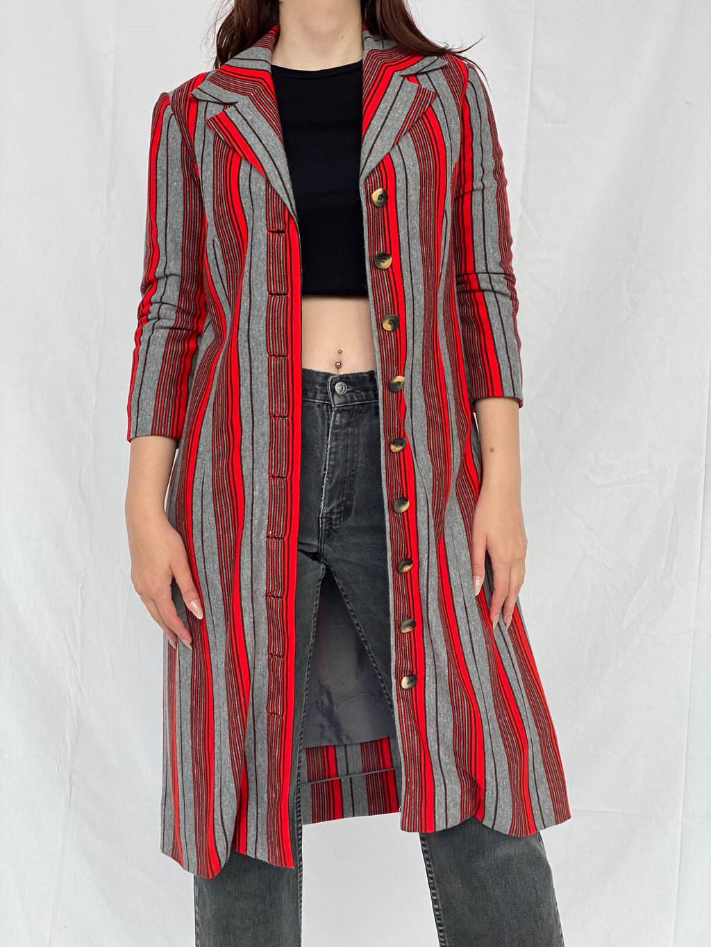 Y2K Red & Gray Striped Long Blazer - M