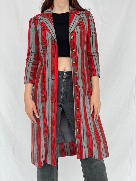 Y2K Red & Gray Striped Long Blazer - M