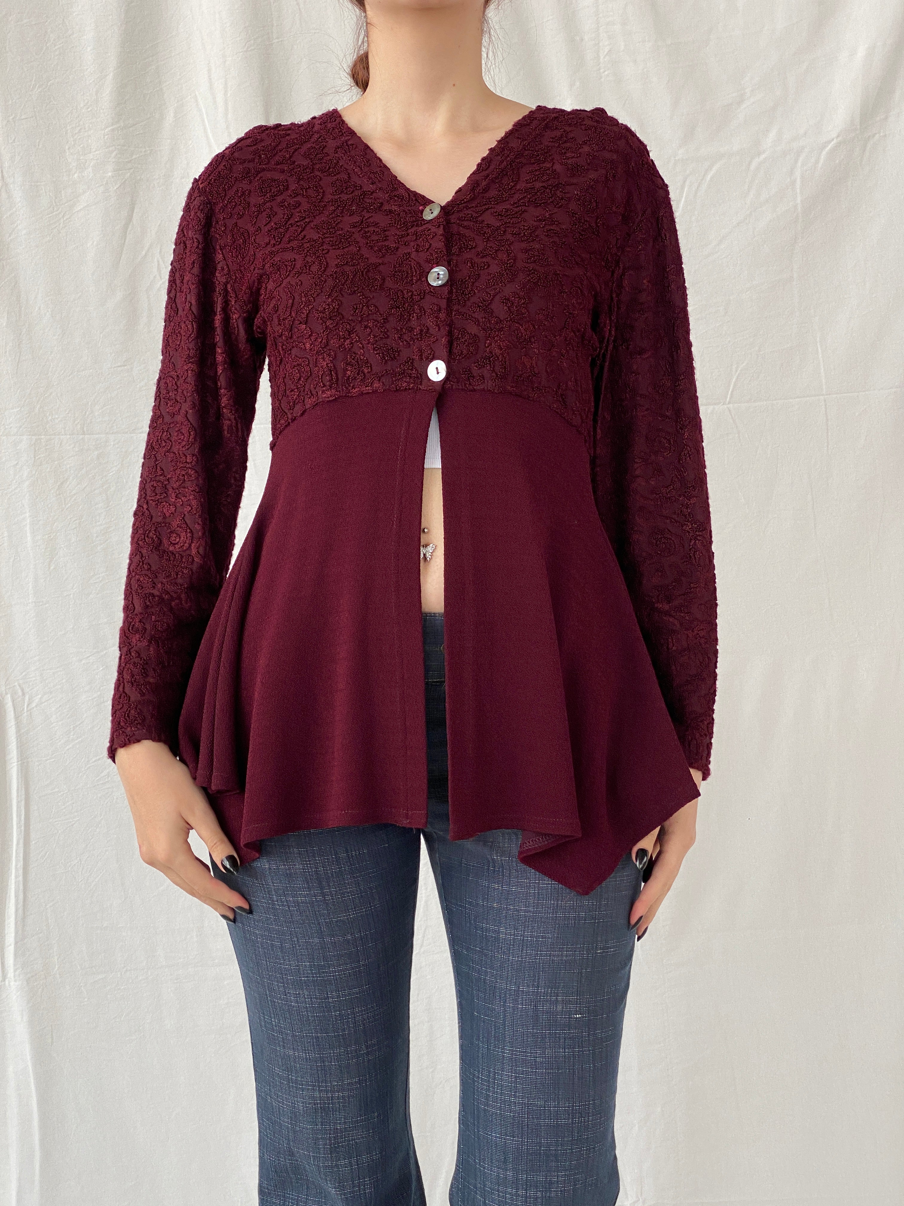 Vintage Vestino Italy Maroon Floral Lace Buttoned Split Cardigan - M