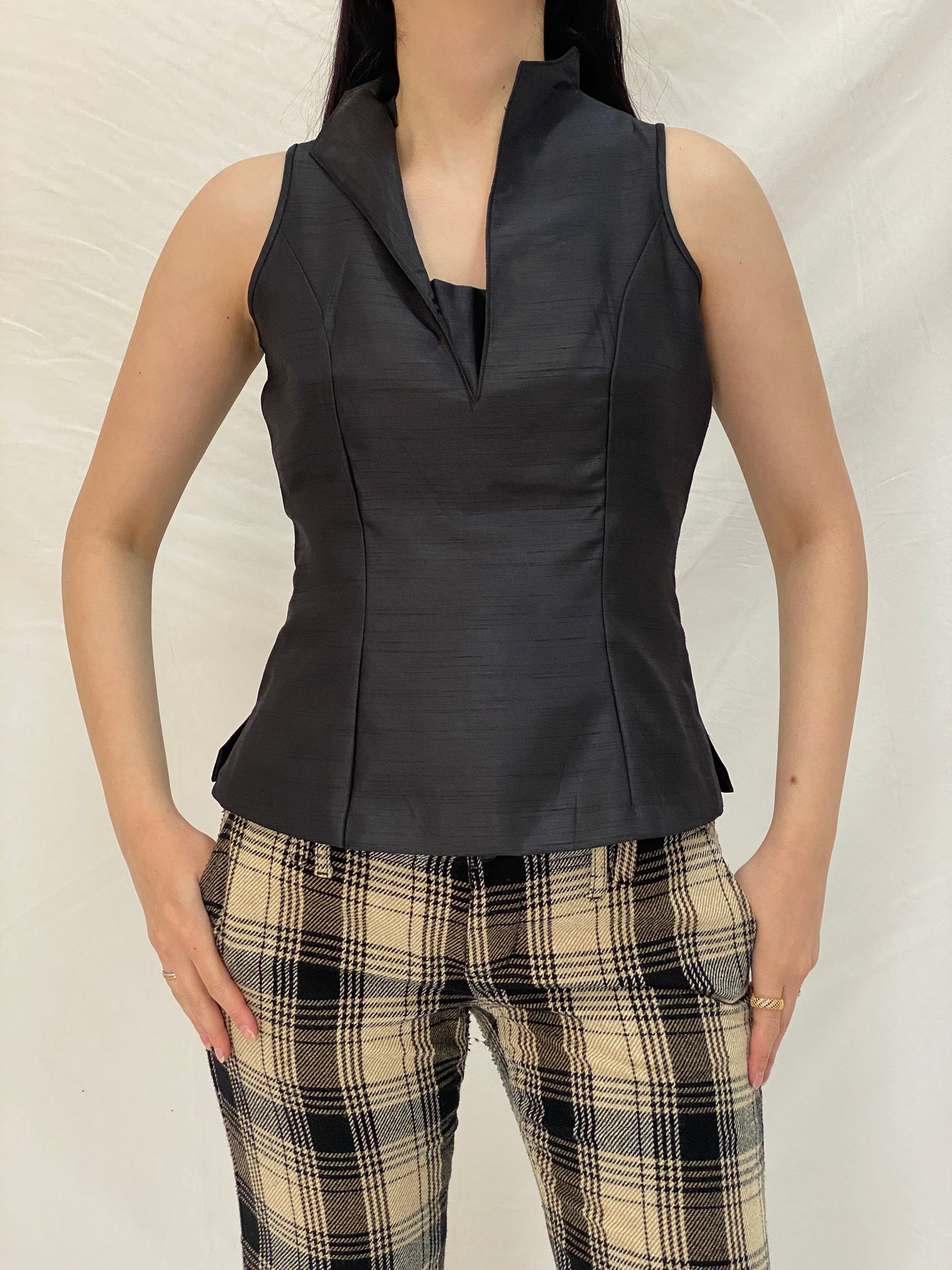 Vintage Handmade Black Satin Structured Sleeveless Tailored Top - S