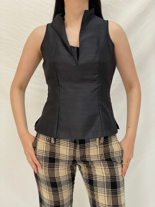 Vintage Handmade Black Satin Structured Sleeveless Tailored Top - S