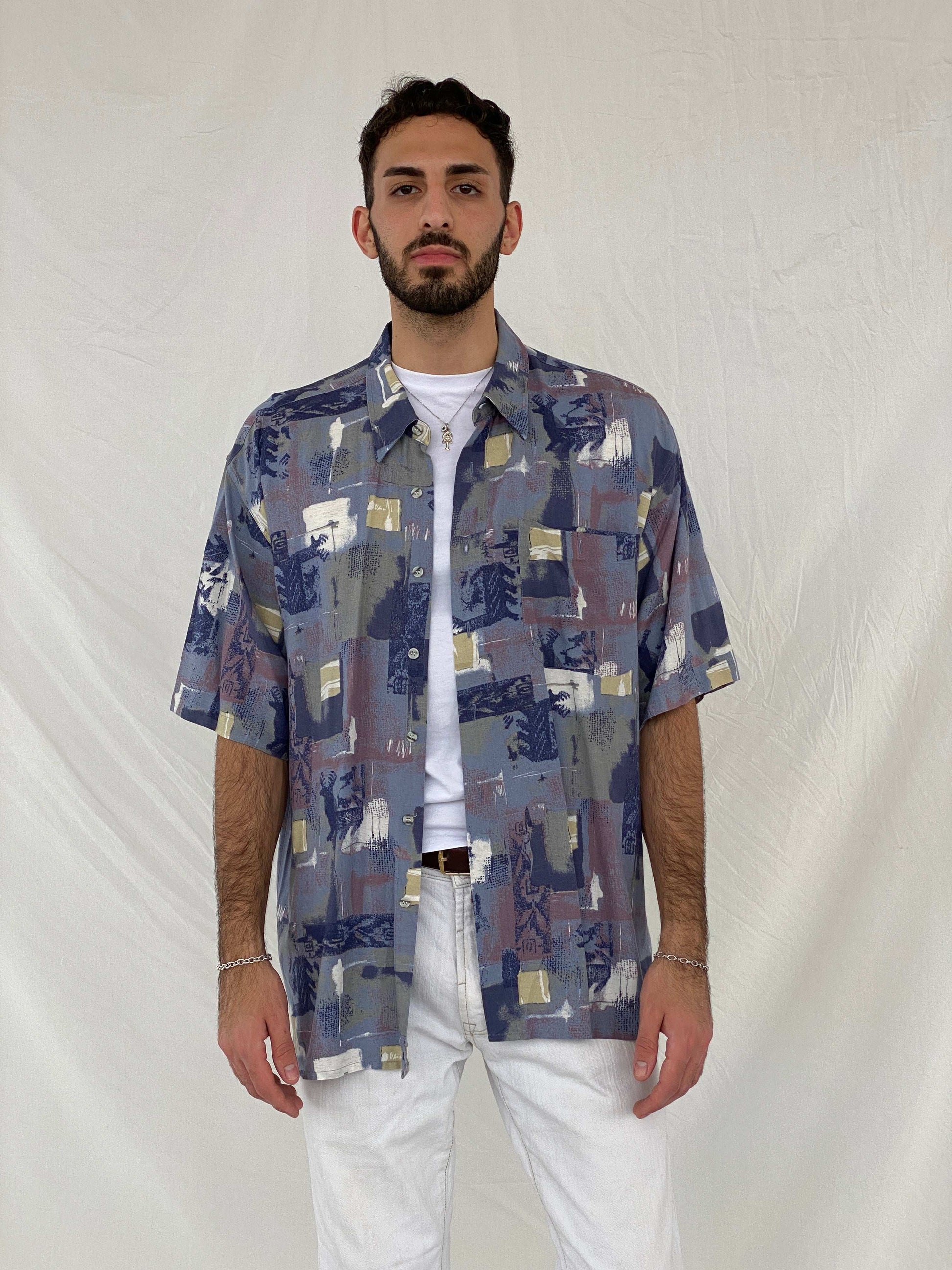 Statement Vintage Pierre Sangan Printed Blue Shirt Size 2XL - Balagan Vintage Half Sleeve Shirt 90s, Awsam, half sleeve shirt, mens shirt, NEW IN, printed shirt