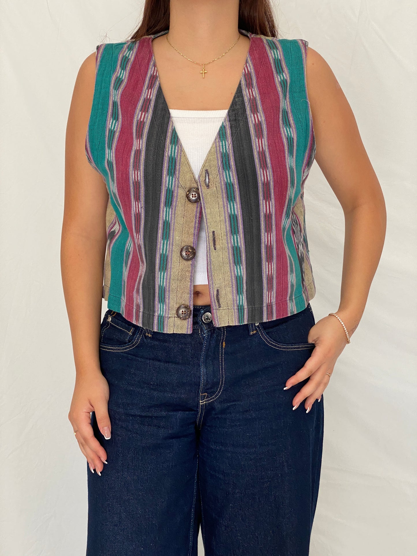 Vintage 90s Chico’s Design Cotton Multicolor Tribal Woven Vest – S/M