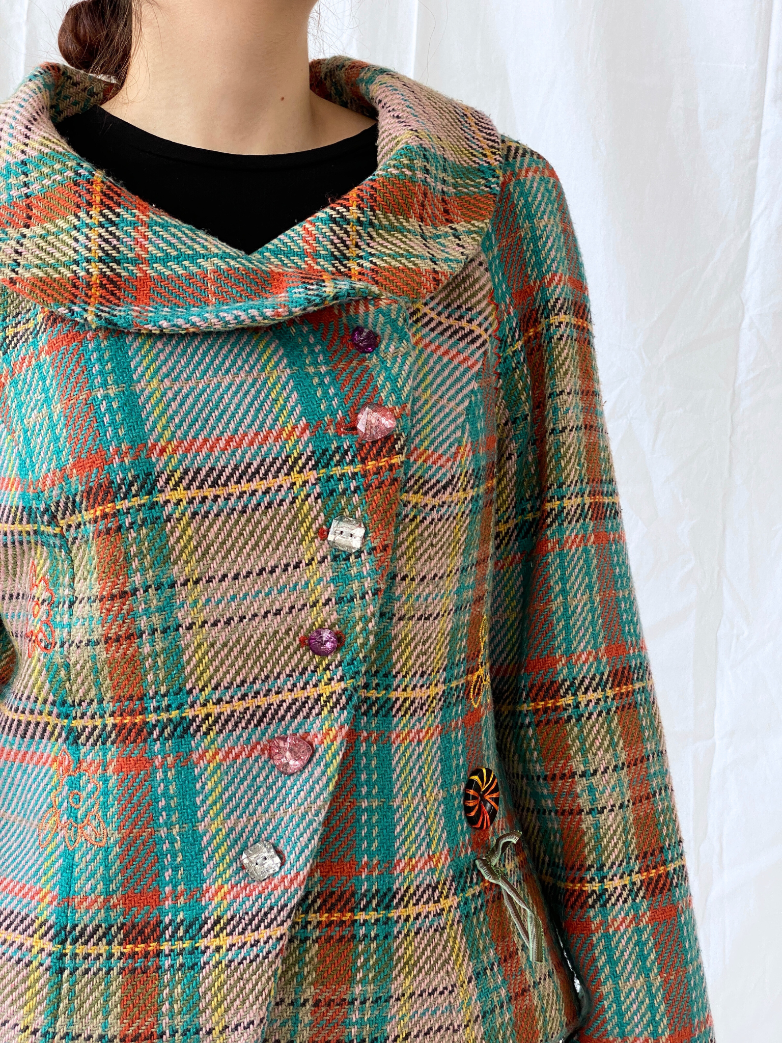 Vintage Rainbow Plaid Whimsy Exaggerated Collar Women’s Blazer - L