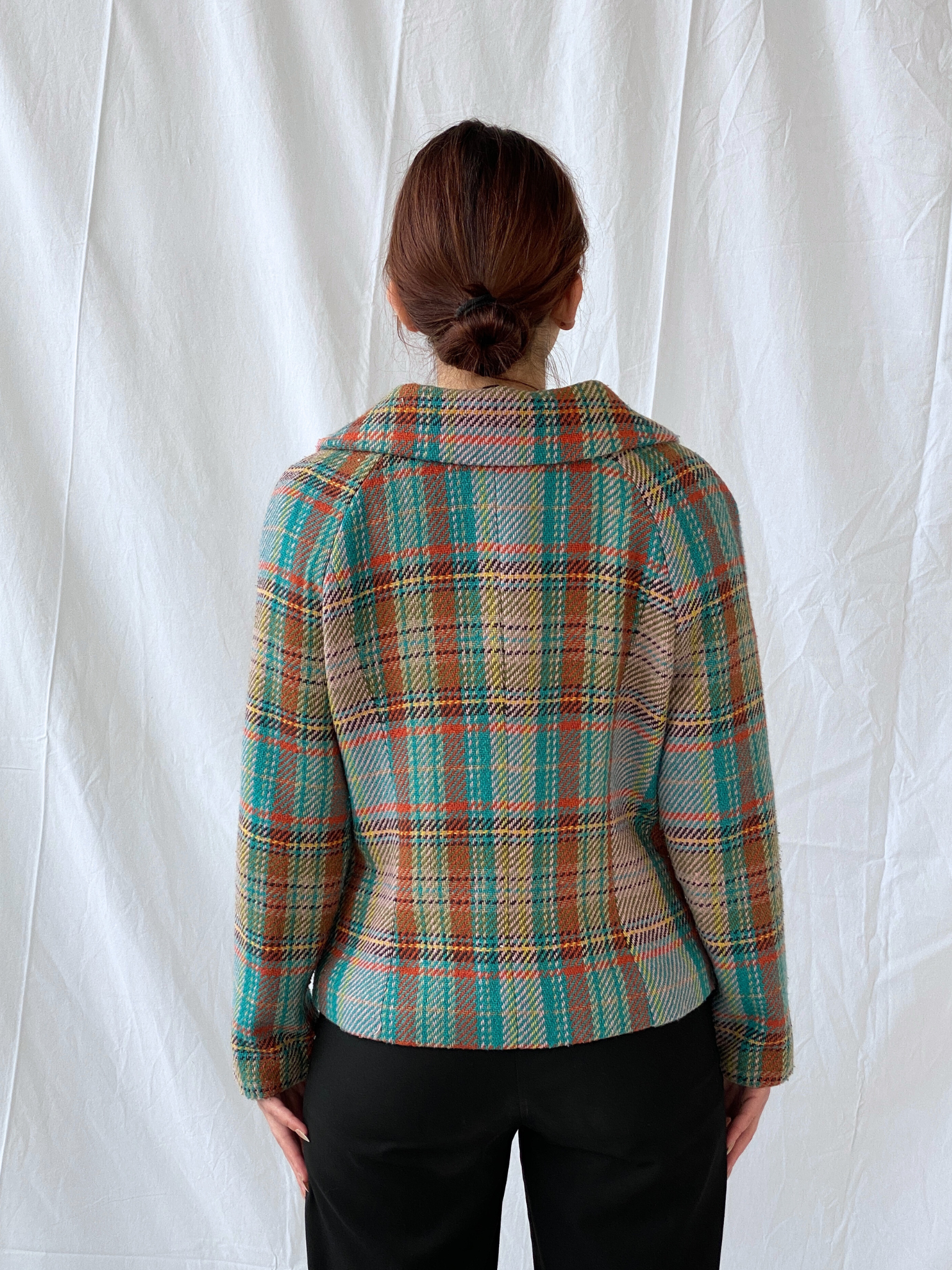 Vintage Rainbow Plaid Whimsy Exaggerated Collar Women’s Blazer - L