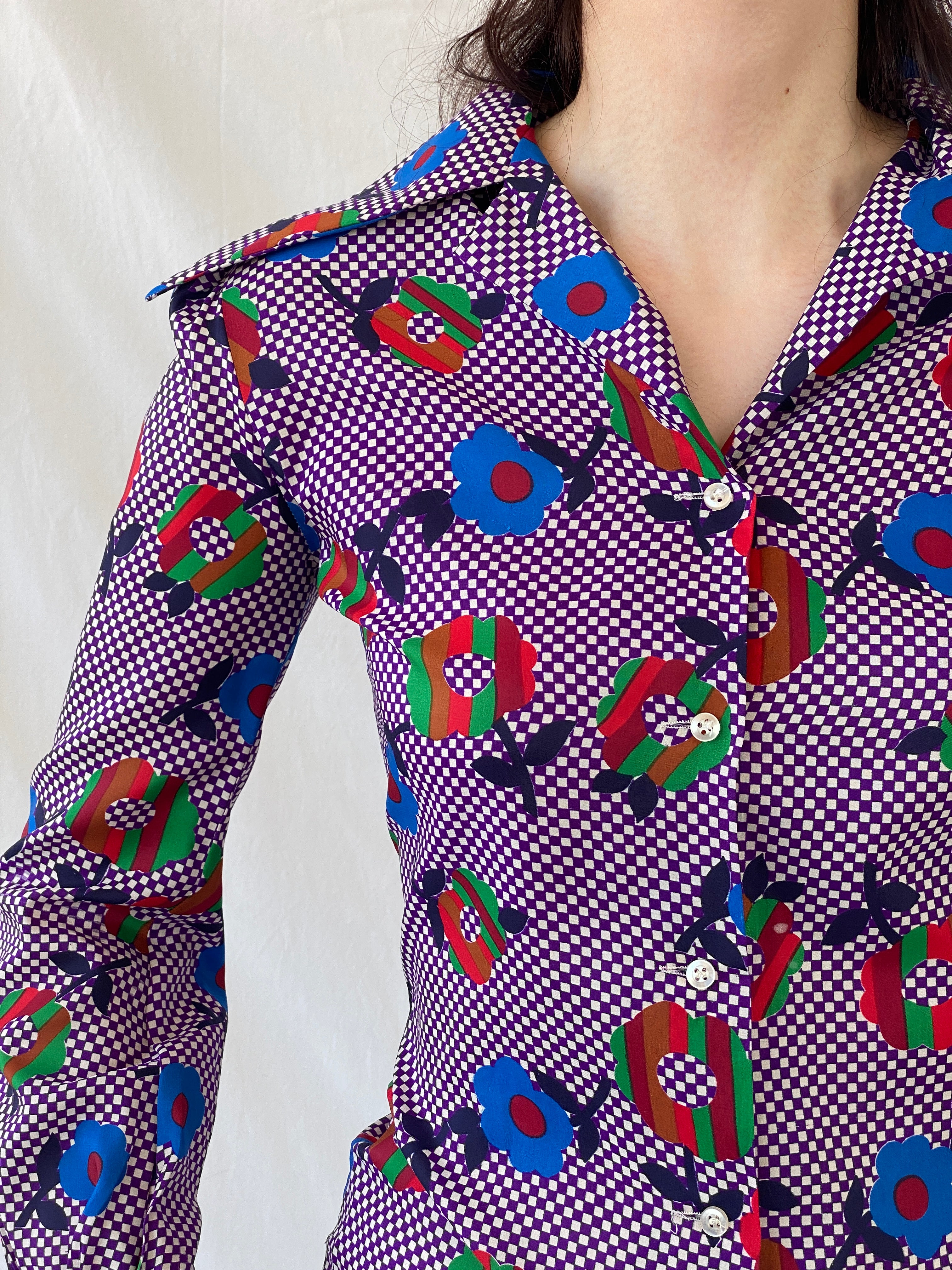 Vintage Qwer Geometric Floral Art Color Blast Full Sleeve Shirt - S