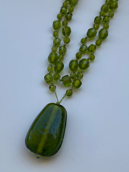 Vintage Green Glass Bead Double Strand Necklace with Statement Pendant Y2K Boho Jewelry