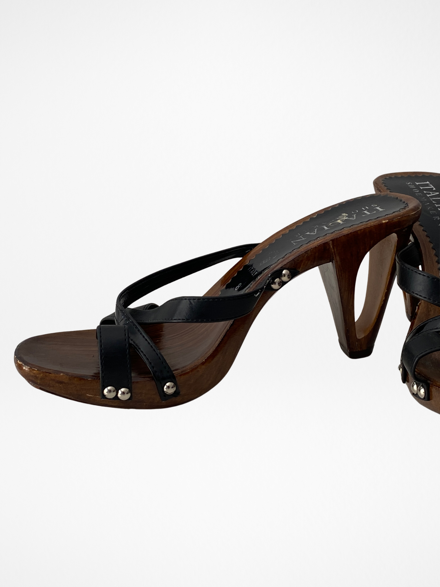 Vintage Y2K Italian Shoemakers Made in Italy Black Strappy Wooden Clog Heels - 39 EU