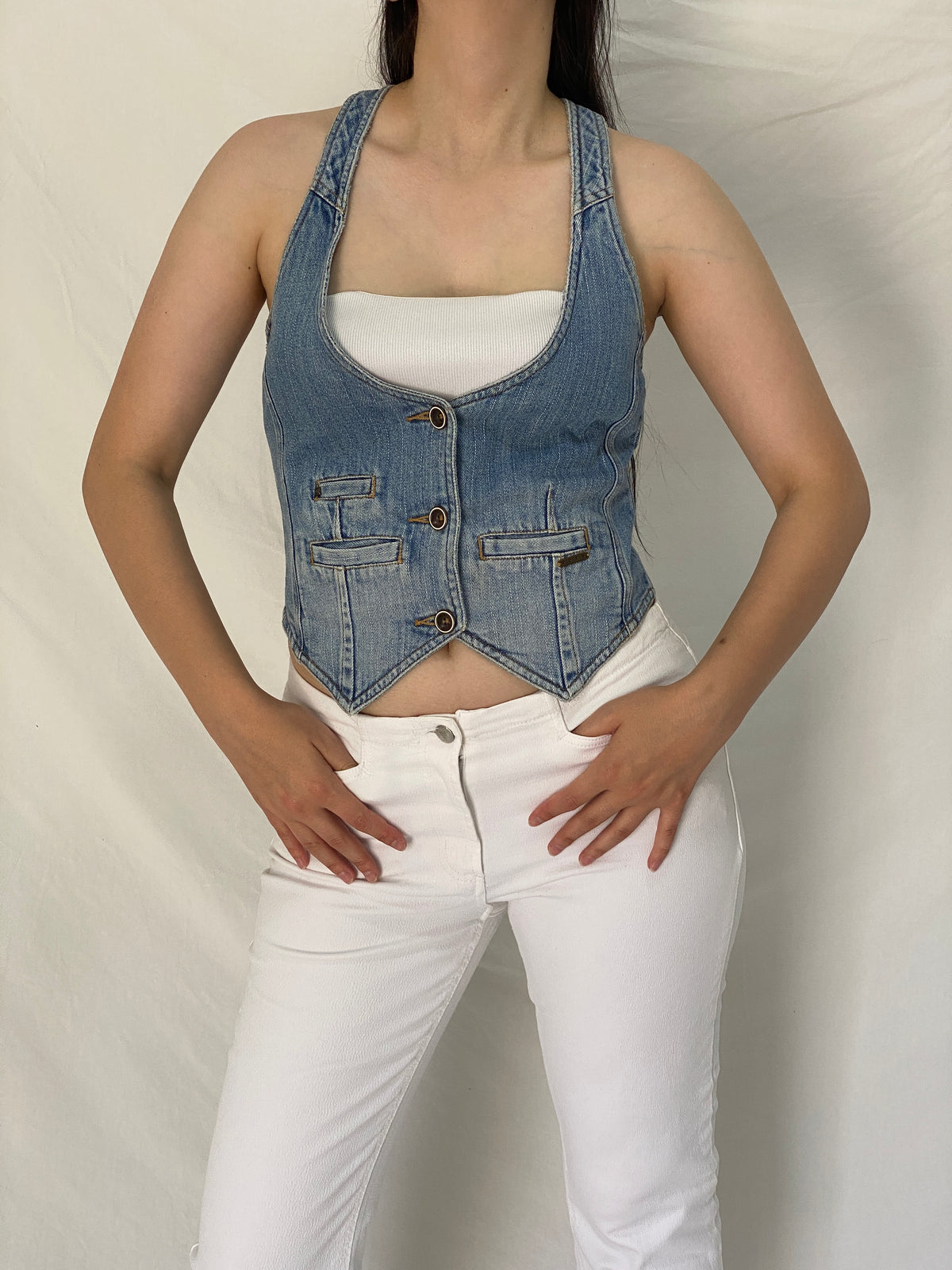 Vintage Y2K Roxy Blue Denim Racerback Button Front Vest Top - M Vintage Y2K Roxy Blue Denim Racerback Button Front Vest Top - M