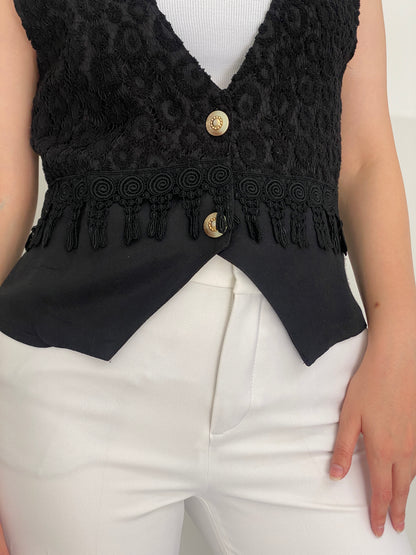 Vintage 90s Black Lace Romantic Tailored Waistcoat Vest - M