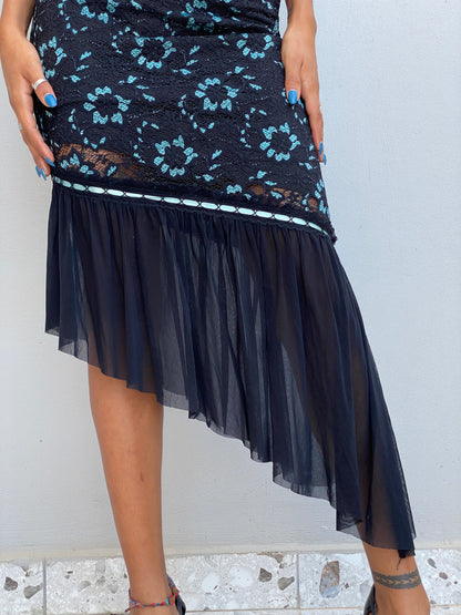 Vintage Y2K Cécilia Paris Black Lace & Aqua Floral Asymmetric Midi Dress - XS