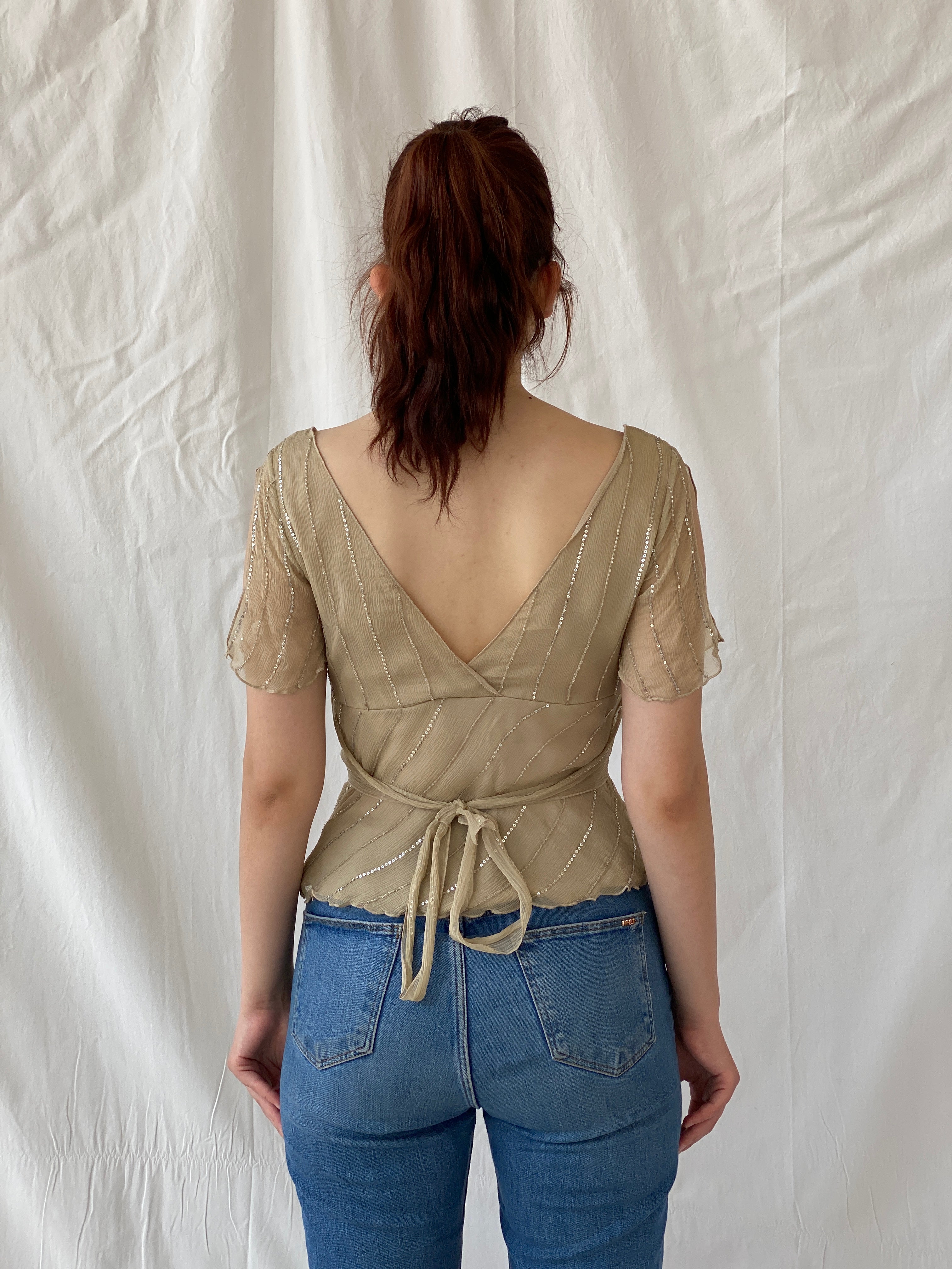 Y2K Massimo Dutti Silk Sequined beaded Half Sleeve Women’s Top - M