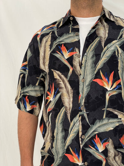 Vintage Campia Moda Hawaiian Black Tropical Bird of Paradise Resort Shirt - S