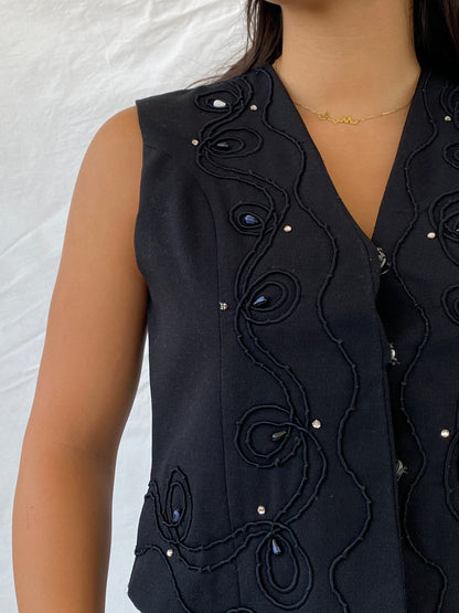 Vintage Black Vest With Intricate Beading - M