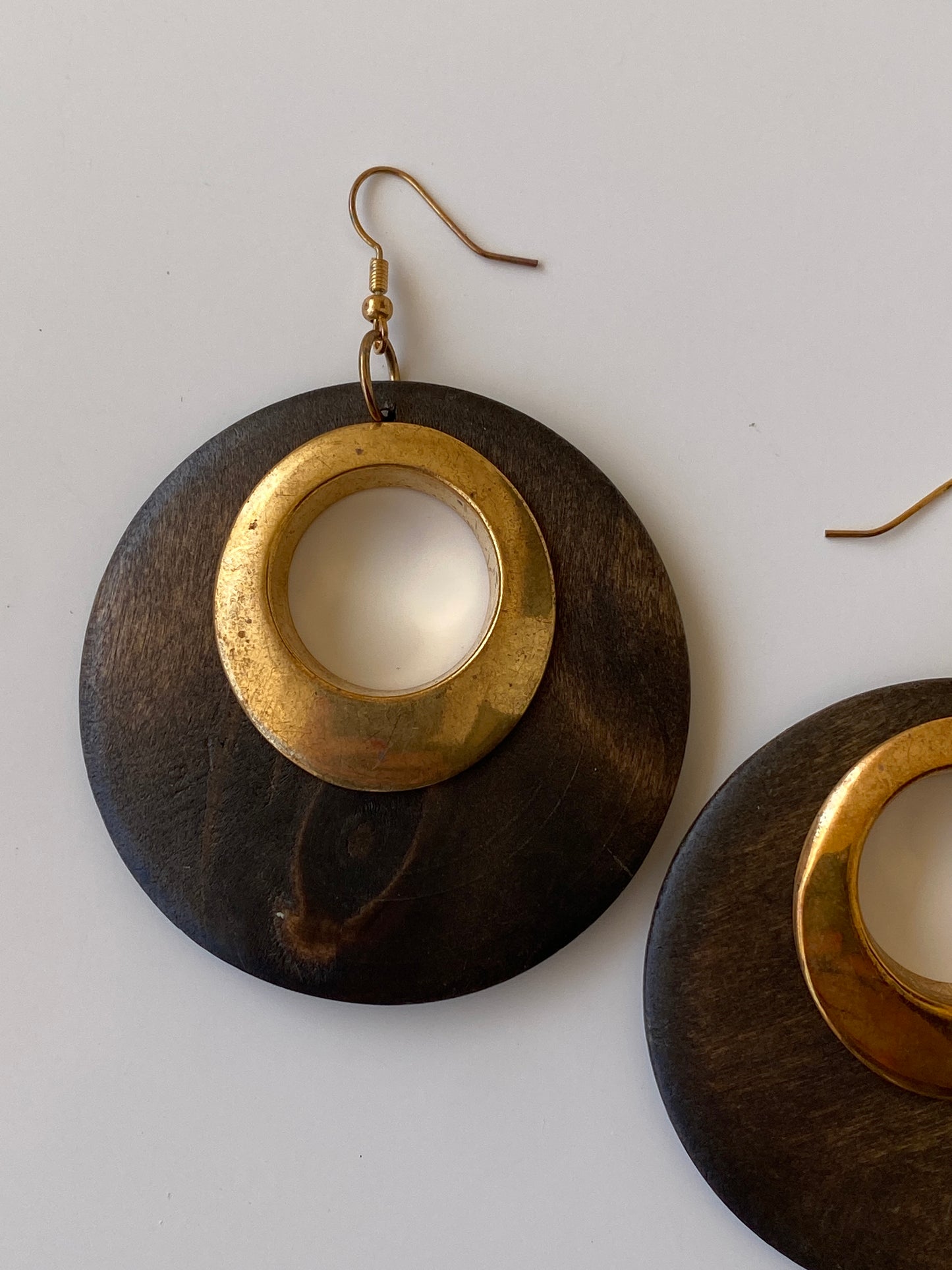 Vintage Dark Wood Round Disc Drop Earrings with Gold Brass Circle Centre