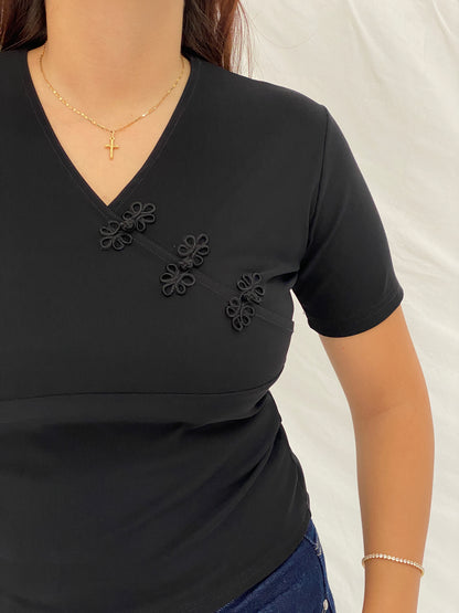 Vintage Y2K Western Connection Black Mandarin-Inspired Embroidered Stretch Top - L