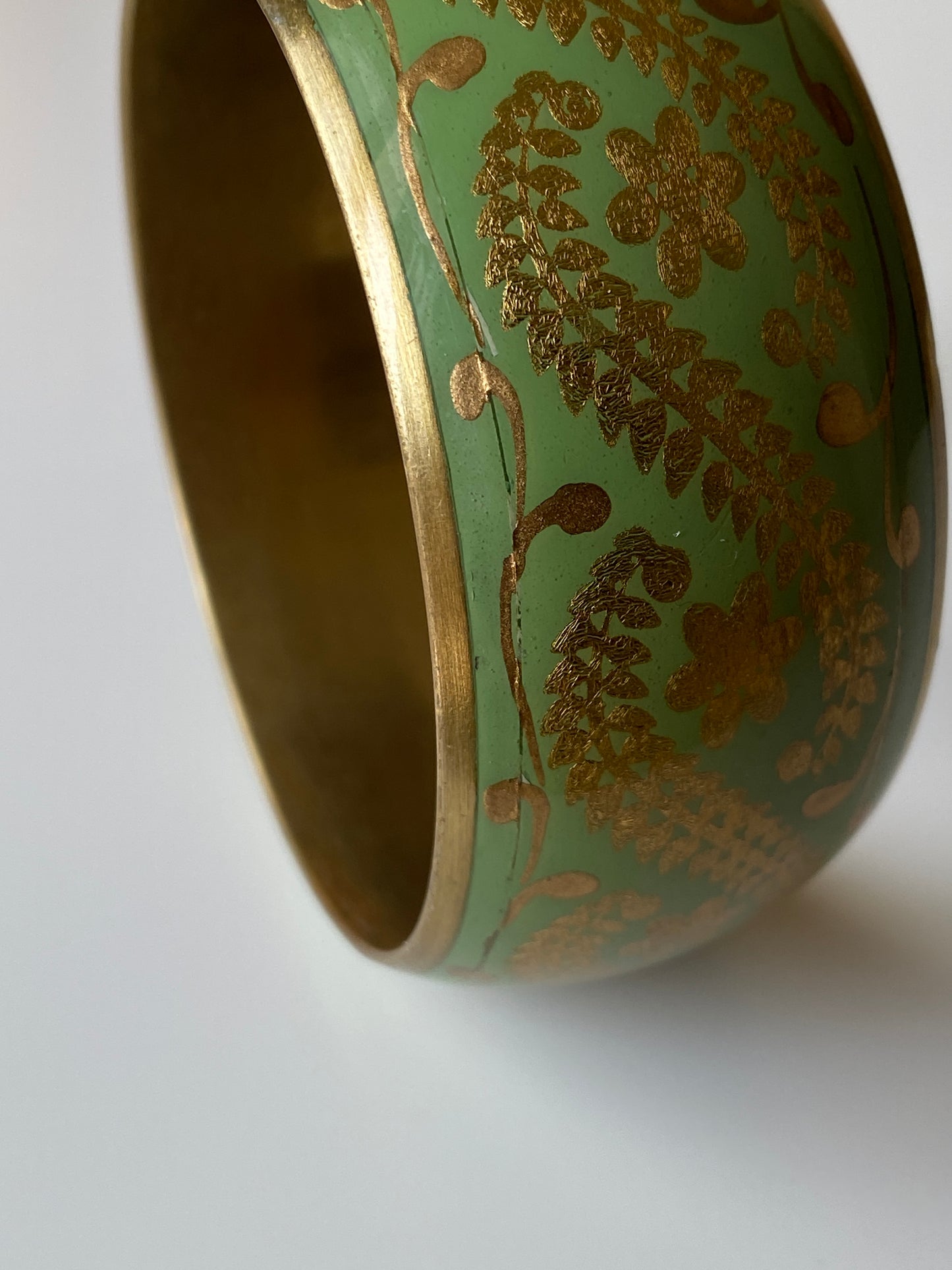 Vintage Green Enamel & Gold Floral Cuff Bracelet Wide Statement Bangle