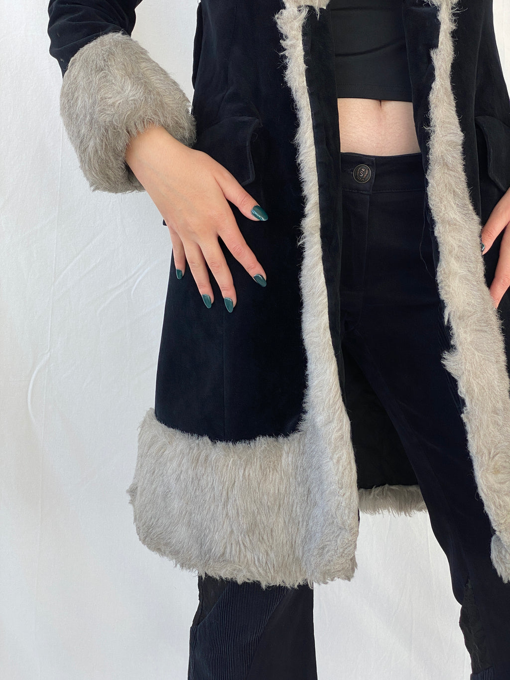 Vintage 90s Wild Rose Penny Lane Black Faux Grey Fur Afghan Style Coat - M