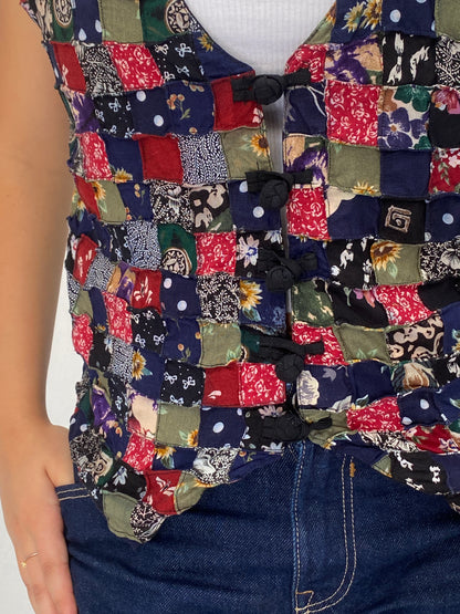Vintage 90s Soul Mate’s Patchwork Tie-Back Vest Multicolor Boho Art Wear - L
