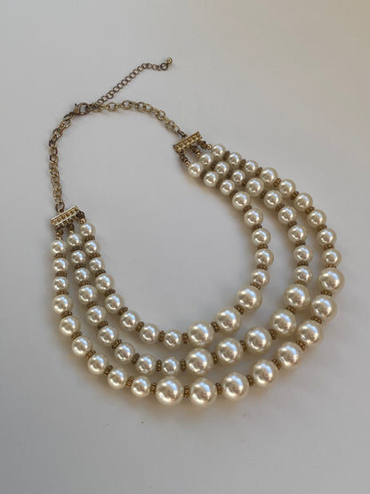 Vintage Y2K Ivory Faux Pearl Gold-Tone Triple Strand Necklace