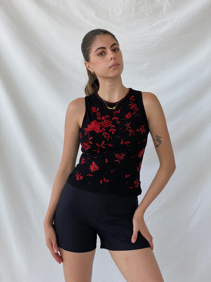 Vintage Morgan De Toi Red Floral Beaded Black Sleeveless Top - M