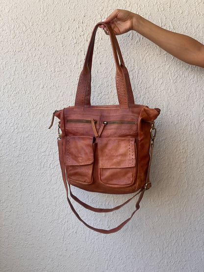 Vintage 5th Avenue Distressed Leather Multi-Pocket Convertible Tote Bag