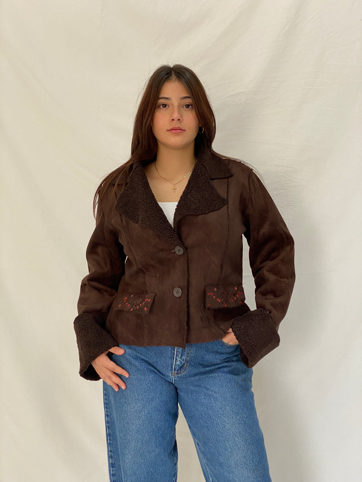 Y2K Together Brown Faux Suede Teddy Trim Jacket - L Y2K Together Brown Faux Suede Teddy Trim Jacket - L