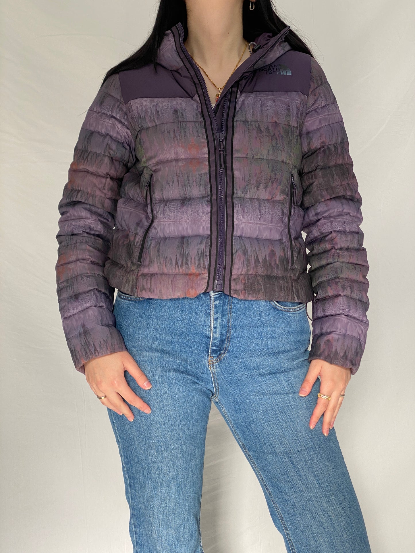 The North Face Purple Forest Print TNF Packable Fitted Puffer Jacket with Hood - M