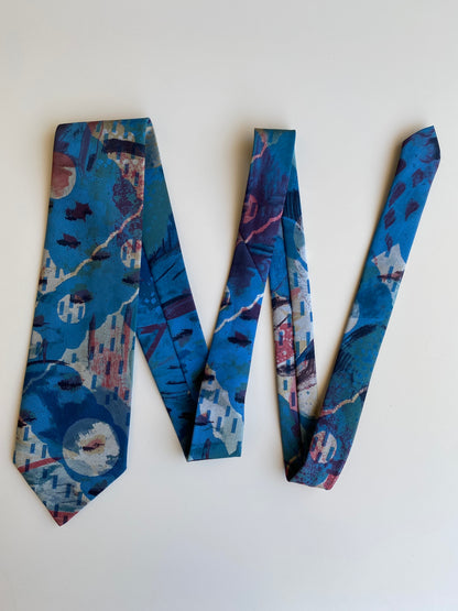 Vintage 1990s Blue Abstract Art Painterly Wide Necktie