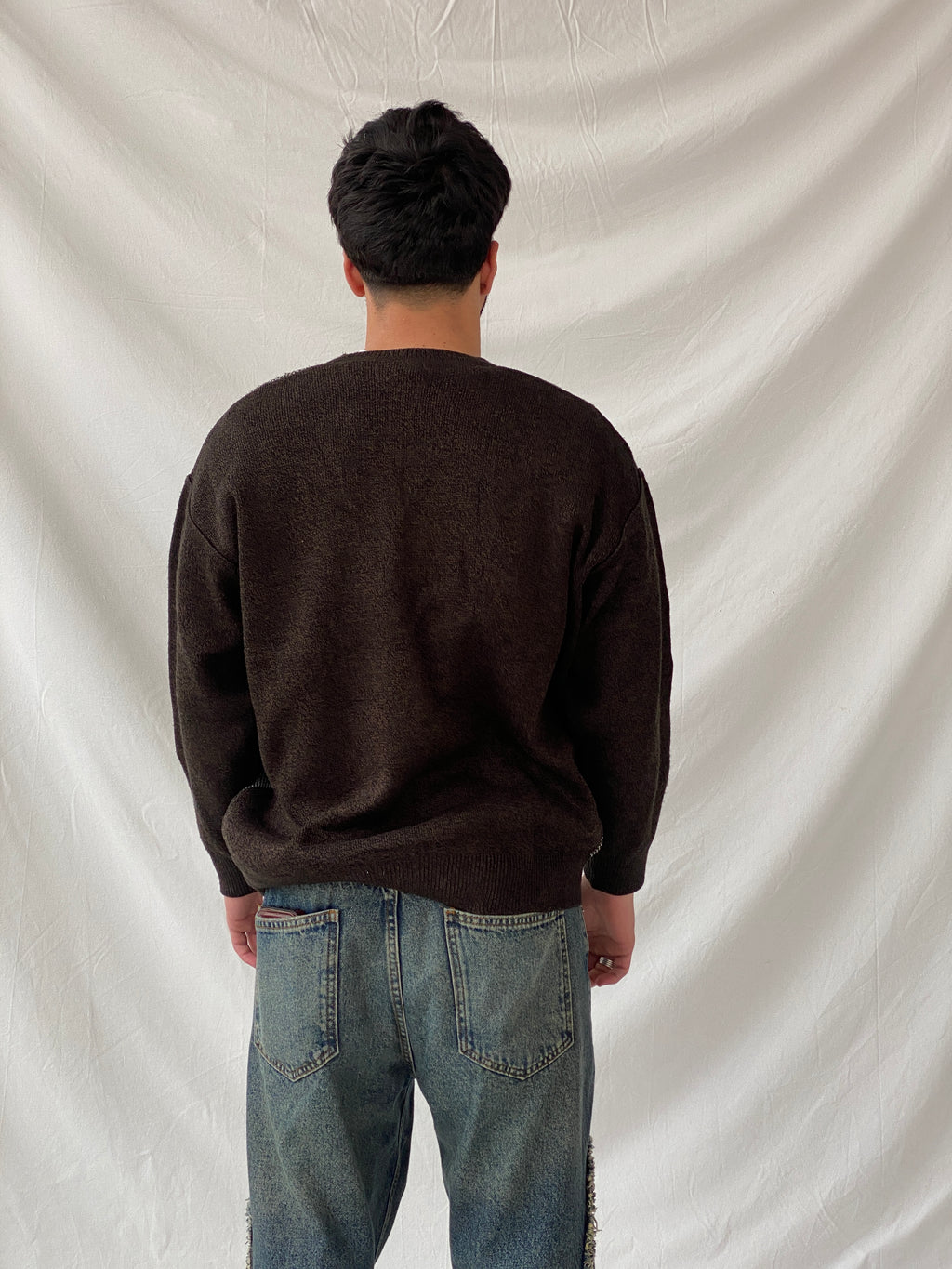 Vintage ÖzSalih Collection Brown Jumper V-Neck Knitted Sweater - M