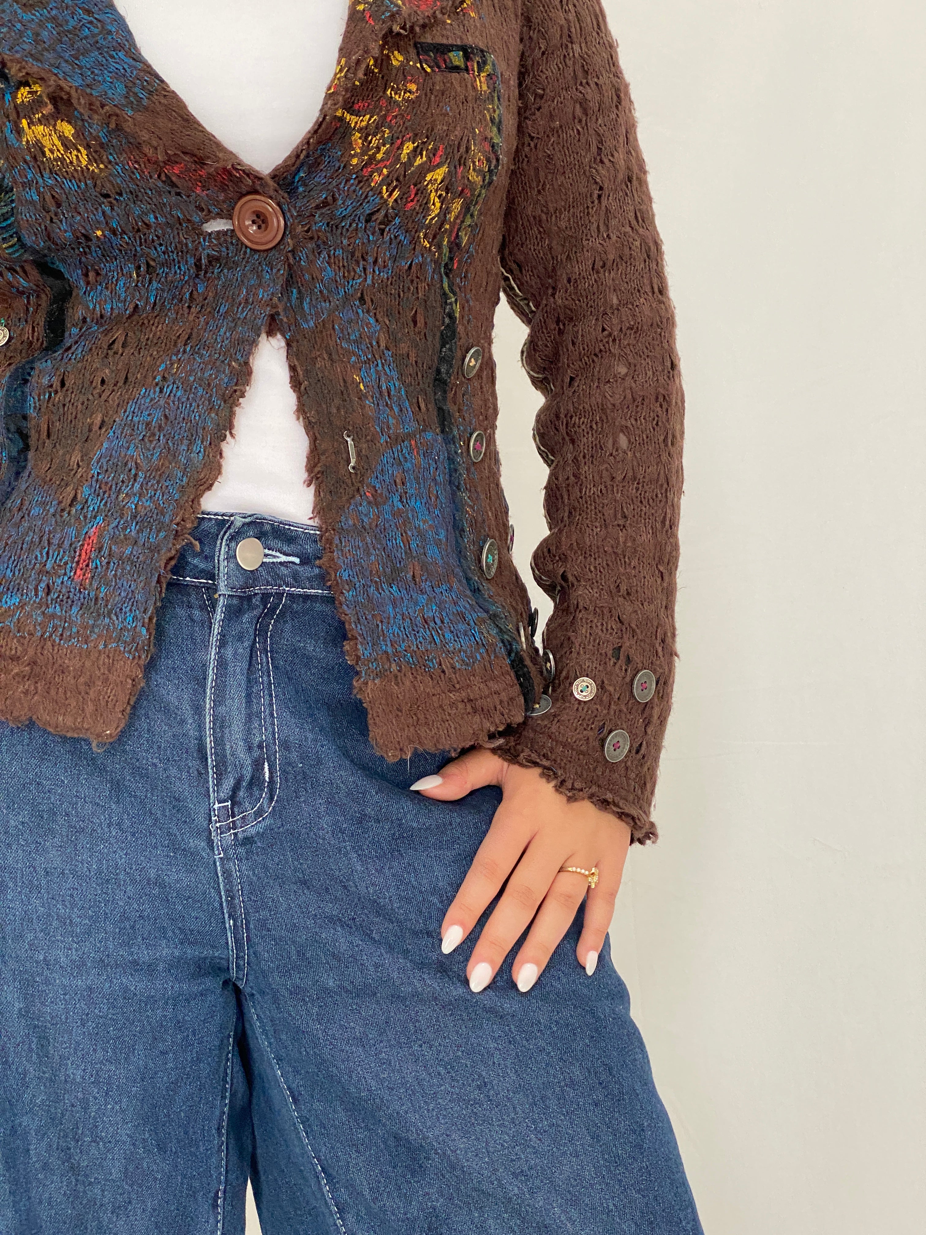 Vintage Soggo Brown Boho Knit Button-Up Cardigan Jacket – M