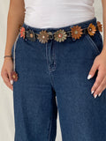 Vintage Leather Flower Chain Belt Boho Y2K Daisy Waist Belt with Dangling Charm