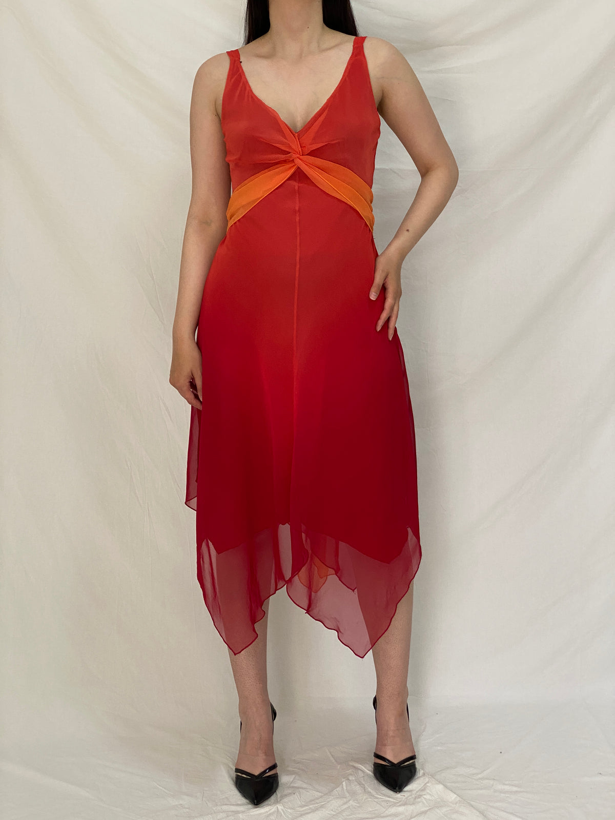 Vintage 90s BAY Red Orange Ombre Chiffon Midi Wedding Guest Dress – M Vintage 90s BAY Red Orange Ombre Chiffon Midi Wedding Guest Dress – M