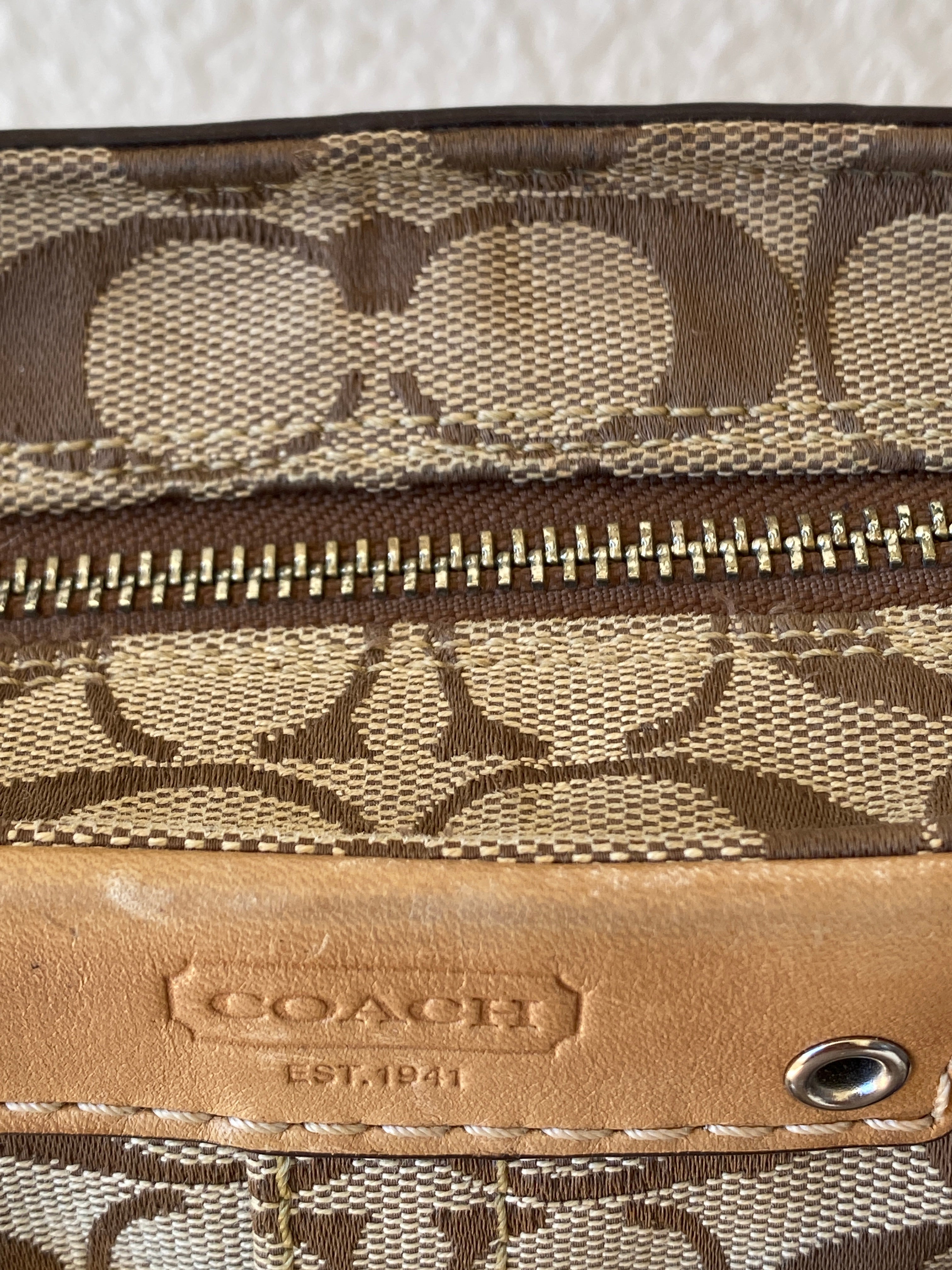 Coach Hampton Carryall Signature C Monogram Purse Braided Leather Trim Khaki Tan Satchel Shoulder Bag