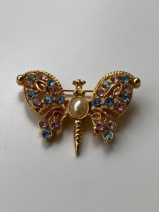 Vintage 80s–90s Olia Gold Filigree Butterfly Brooch with Pink & Blue Rhinestones and Pearl Centre