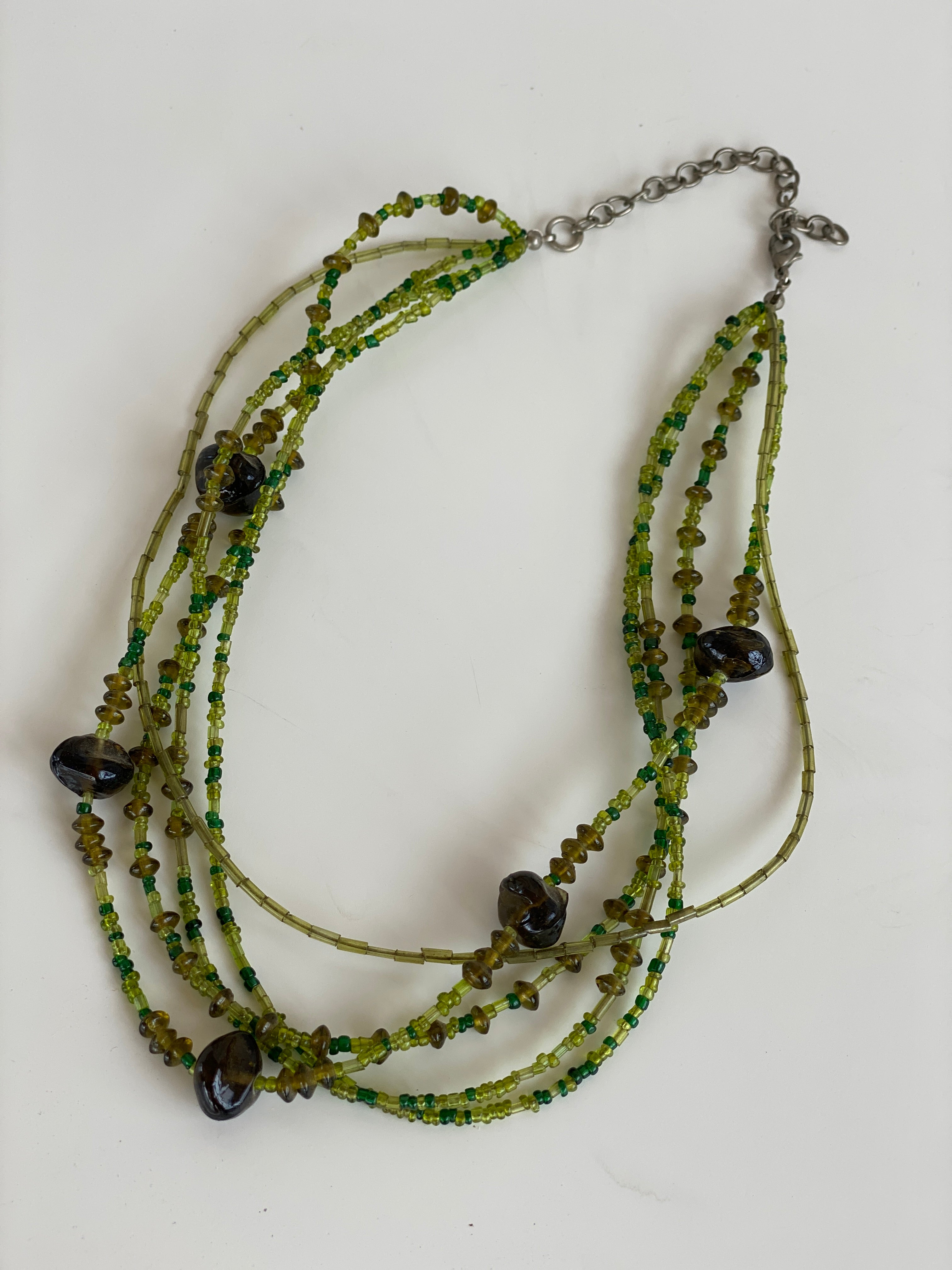 Vintage Green Multi-Strand Glass Bead Chocker Necklace – Layered Boho Statement Jewelry