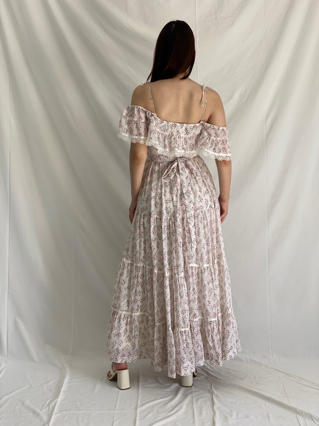 Vintage Gunne Sax by Jessica San Francisco Floral Cottagecore Maxi Dress Off Shoulder Ruffle Lace Prairie Gown - M