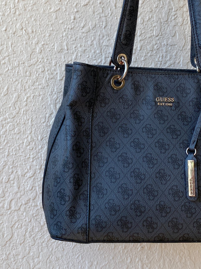 Vintage Y2K GUESS Black Monogram Logo Structured Tote Shoulder Bag
