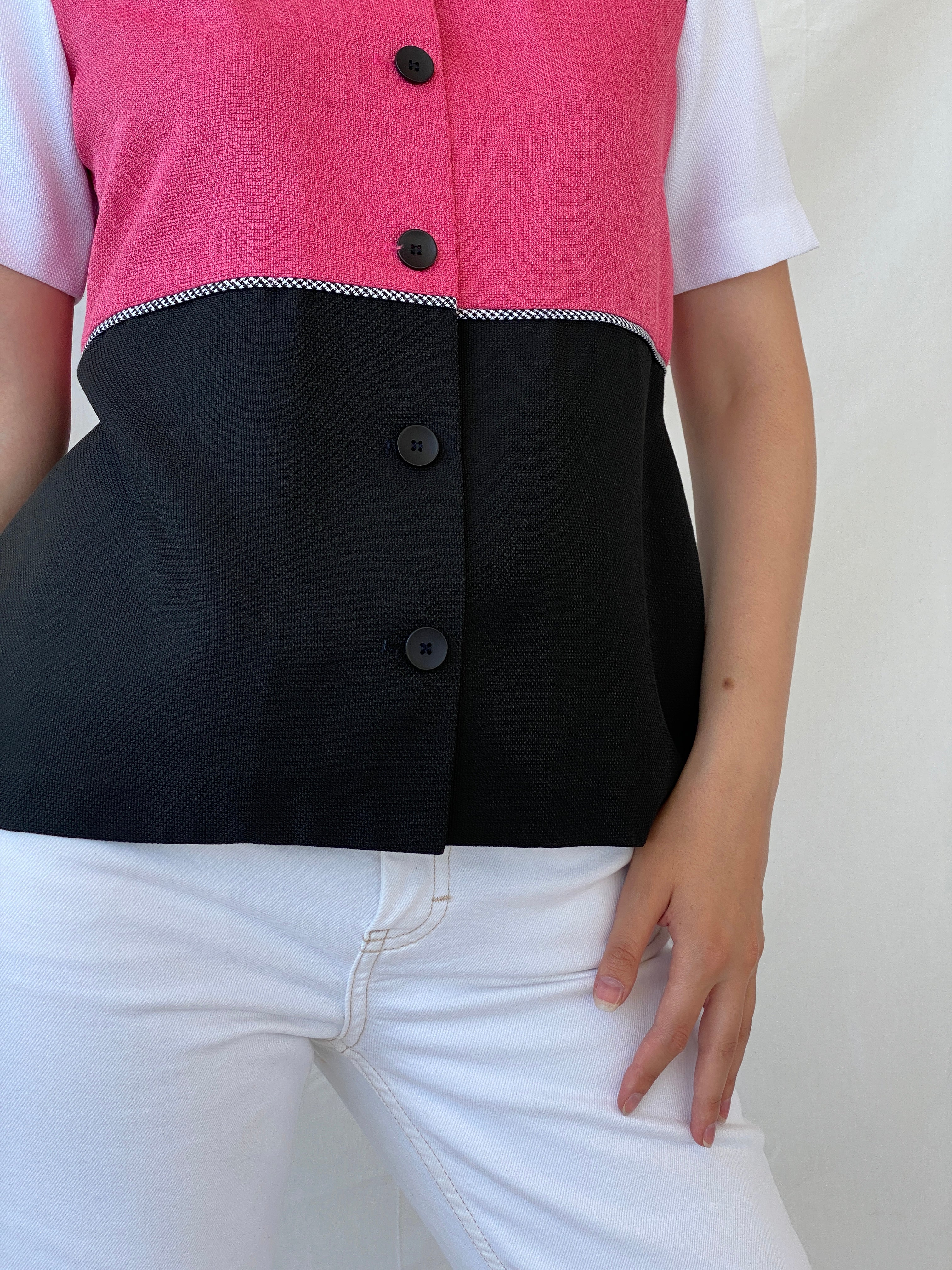 Vintage 90s Alfred Dunner White Pink Black Striped Women’s Padded Short Sleeve Heavy Shirt - M