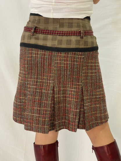 Beautiful Not The Same Red Brown Tweed Pleated Short Belted Skirt - M