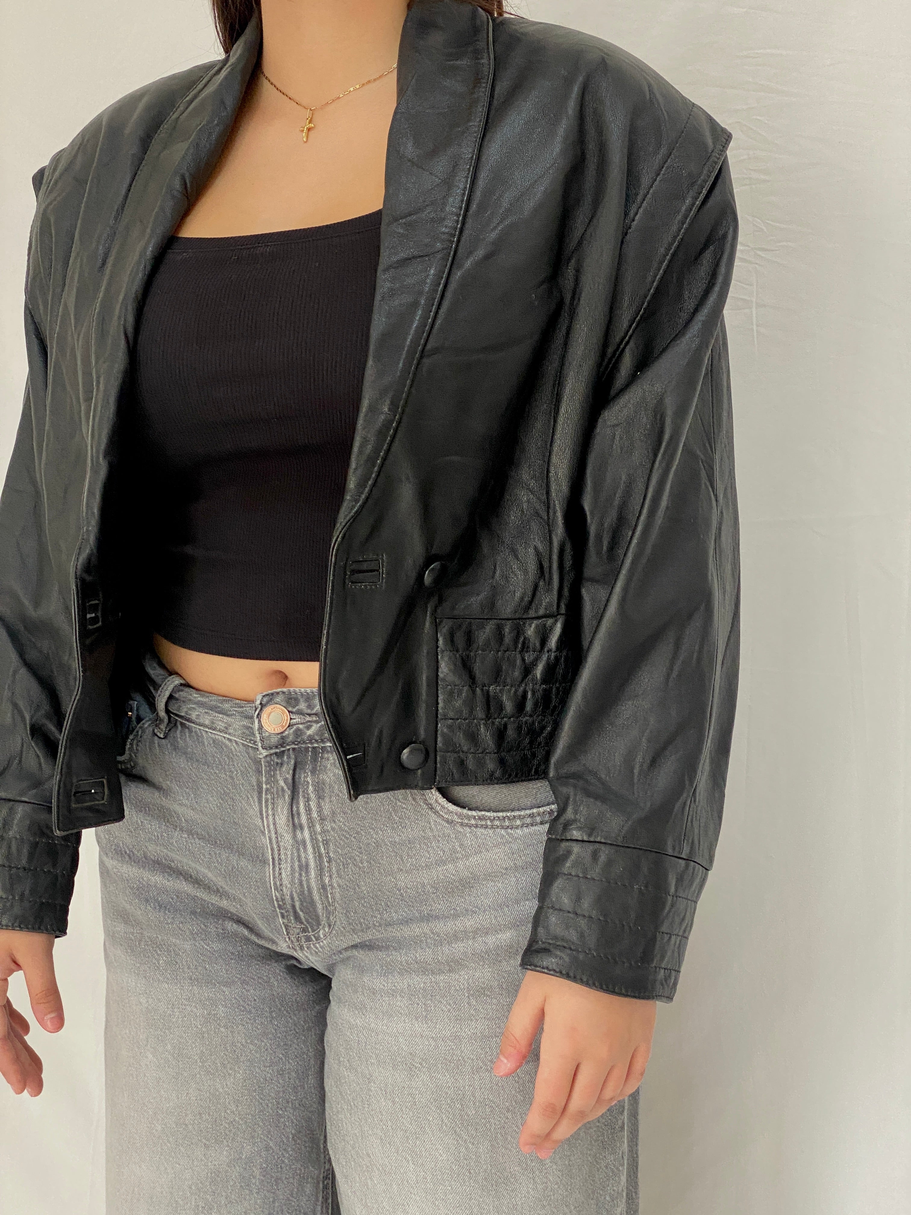 Vintage 80s Greek Kelesidi Leather Bomber Jacket Black Power Shoulder Blazer - M
